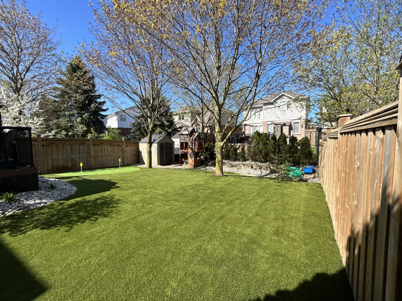 Artificial grass installed in a Pickering backyard