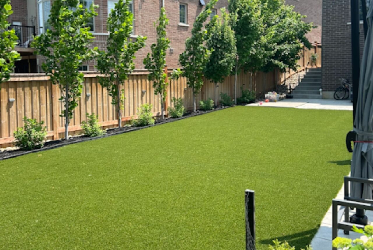 Backyard artificial grass installation in Pickering